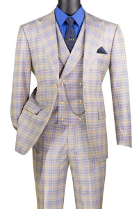 Vinci 2-Button Blue & Ivory Glenplaid Suit with DB-Vest - Modern Fit Vinci 2-Button Blue & Ivory Glenplaid Suit with DB-Vest - Modern Fit