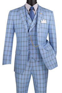 Vinci 2-Button Light Blue Glenplaid Suit with Vest - Modern Fit Vinci 2-Button Light Blue Glenplaid Suit with Vest - Modern Fit