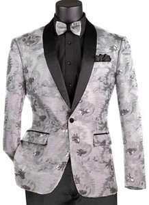 Vinci Silver Grey Ornate Stitched Sportcoat with Matching Bow Tie - Slim Fit