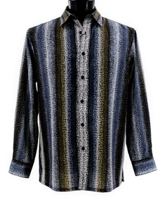 Bassiri Long Sleeve Camp Shirt - Dark Blue, Brown & Black Abstract Vertical Mesh Design Bassiri Long Sleeve Camp Shirt - Dark Blue, Brown & Black Abstract Vertical Mesh Design