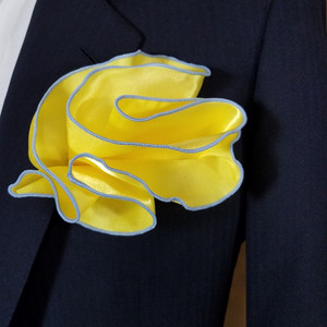 Yellow Satin 2-in-1 Pouf Round Pocket Square with Blue Trim Yellow Satin 2-in-1 Pouf Round Pocket Square with Blue Trim