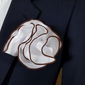 White Satin 2-in-1 Pouf Round Pocket Square with Brown Trim White Satin 2-in-1 Pouf Round Pocket Square with Brown Trim