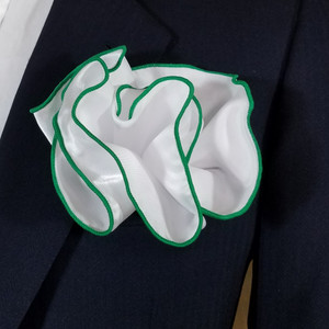 White Satin 2-in-1 Pouf Round Pocket Square with Green Trim White Satin 2-in-1 Pouf Round Pocket Square with Green Trim