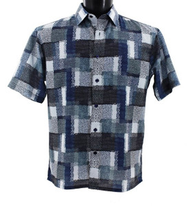 Bassiri Short Sleeve Camp Shirt - Blurred Navy & Charcoal Block Design Bassiri Short Sleeve Camp Shirt - Blurred Navy & Charcoal Block Design
