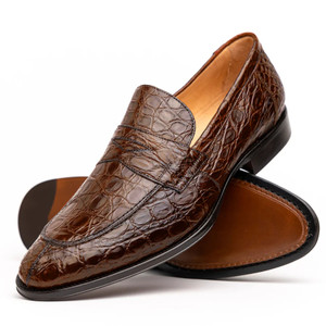 Zelli 100% Caiman Crocodile Italian Penny Long Toe Loafer - Cognac Zelli 100% Caiman Crocodile Italian Penny Long Toe Loafer - Cognac
