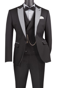 Vinci 4 Piece Black & Grey Tuxedo with Matching Vest & Bow Tie - Slim Fit Vinci 4 Piece Black & Grey Tuxedo with Matching Vest & Bow Tie - Slim Fit