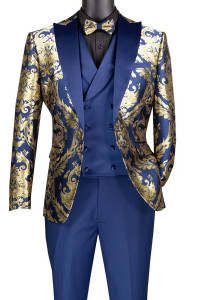 Vinci 4 Piece Blue Jacquard Tuxedo with Matching Vest & Bow Tie - Modern Fit Vinci 4 Piece Blue Jacquard Tuxedo with Matching Vest & Bow Tie - Modern Fit