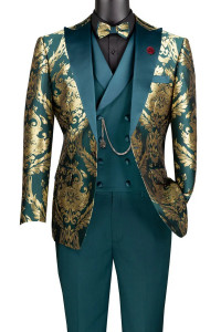Vinci 4 Piece Green Jacquard Tuxedo with Matching Vest & Bow Tie - Modern Fit  Vinci 4 Piece Green Jacquard Tuxedo with Matching Vest & Bow Tie - Modern Fit
