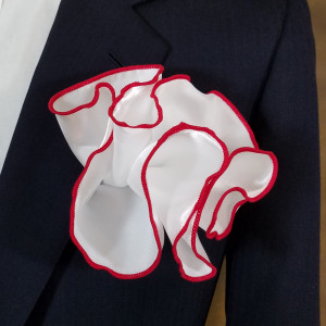 White Satin 2-in-1 Pouf Round Pocket Square with Red Trim White Satin 2-in-1 Pouf Round Pocket Square with Red Trim