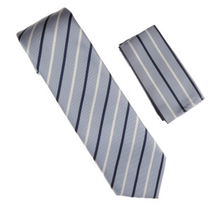 Antonia 100% Silk Tie w/Pocket Square - Silver Blue with Navy Stripes Antonia 100% Silk Tie w/Pocket Square - Silver Blue with Navy Stripes