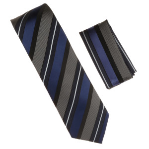 Antonia 100% Silk Tie w/Pocket Square - Large Dark Blue & Charcoal Stripes Antonia 100% Silk Tie w/Pocket Square - Large Dark Blue & Charcoal Stripes