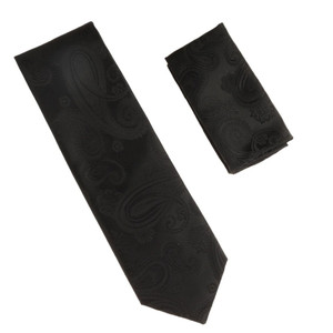 Antonia 100% Silk Tie w/Pocket Square - Solid Black Paisley Pattern Antonia 100% Silk Tie w/Pocket Square - Solid Black Paisley Pattern