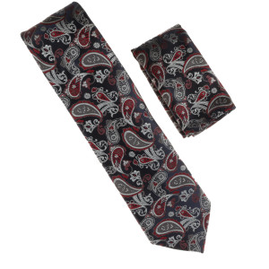 Antonia 100% Silk Tie w/Pocket Square - Burgundy & Grey Paisley on Navy Antonia 100% Silk Tie w/Pocket Square - Burgundy & Grey Paisley on Navy