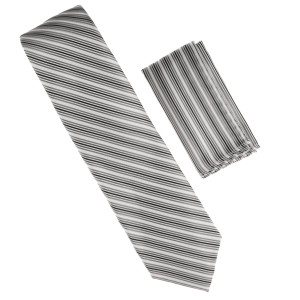 Antonia 100% Silk Tie w/Pocket Square - Petite Black & Silver Stripes Antonia 100% Silk Tie w/Pocket Square - Petite Black & Silver Stripes