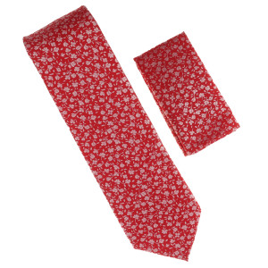 Antonia 100% Silk Tie w/Pocket Square -  Silver Small Flowers on Red Antonia 100% Silk Tie w/Pocket Square -  Silver Small Flowers on Red
