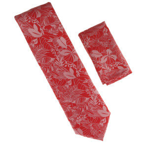Antonia 100% Silk Tie w/Pocket Square - Large Silver Flowers on Red Antonia 100% Silk Tie w/Pocket Square - Large Silver Flowers on Red
