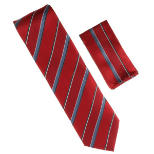 Antonia 100% Silk Tie w/Pocket Square - Light Blue Stripes on Red Antonia 100% Silk Tie w/Pocket Square - Light Blue Stripes on Red