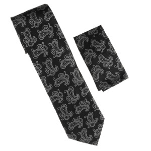 Antonia 100% Silk Tie w/Pocket Square - Black with Silver Paisleys Antonia 100% Silk Tie w/Pocket Square - Black with Silver Paisleys