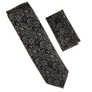 Antonia 100% Silk Tie w/Pocket Square - Black  with Ornate White Paisleys Antonia 100% Silk Tie w/Pocket Square - Black  with Ornate White Paisleys
