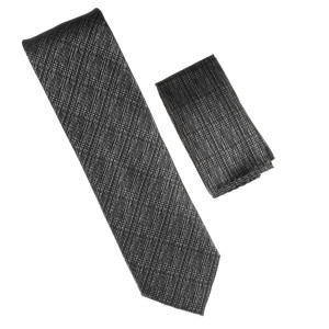 Antonia 100% Silk Tie w/Pocket Square - Black & Grey Grass Cloth Weave Antonia 100% Silk Tie w/Pocket Square - Black & Grey Grass Cloth Weave