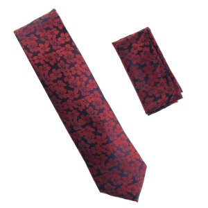 Antonia 100% Silk Tie w/Pocket Square - Burgundy Floral on Dark Blue Antonia 100% Silk Tie w/Pocket Square - Burgundy Floral on Dark Blue