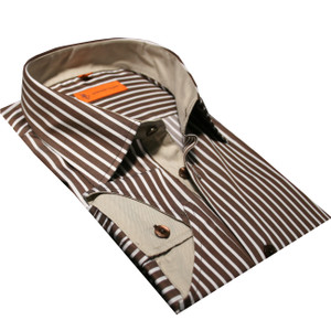 Leonardo Valenti 100% Cotton Contrasting Cut-Out Cuff Shirt - Brown Stripe Leonardo Valenti 100% Cotton Contrasting Cut-Out Cuff Shirt - Brown Stripe