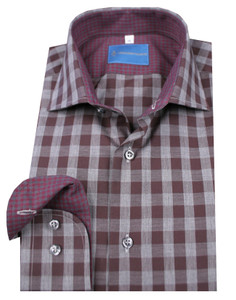 Leonardo Valenti 100% Cotton Contrasting Neck & Cuff Shirt - Grey & Maroon Leonardo Valenti 100% Cotton Contrasting Neck & Cuff Shirt - Grey & Maroon