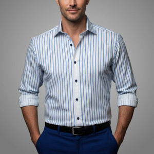 Leonardo Valenti Blue on White Stripe Slim Fit Sport Shirt - Made in Italy