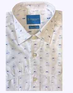 Leonardo Valenti Blue Dashes on White Slim Fit Sport Shirt - Made in Italy Leonardo Valenti Blue Dashes on White Slim Fit Sport Shirt - Made in Italy