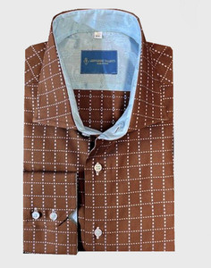 Leonardo Valenti Golden Brown with Blue Contrasting Cuff Slim Fit Shirt - Made in Italy Leonardo Valenti Golden Brown with Blue Contrasting Cuff Slim Fit Shirt - Made in Italy