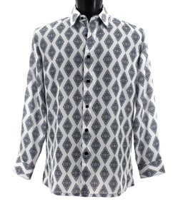 Bassiri White with Black Diamond Design Long Sleeve Camp Shirt Bassiri White with Black Diamond Design Long Sleeve Camp Shirt