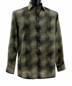 Bassiri Olive Moiré Patterned Long Sleeve Camp Shirt