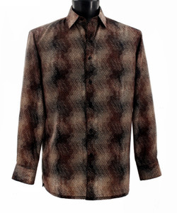 Bassiri Brown Moiré Patterned Long Sleeve Camp Shirt
