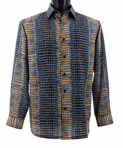 Bassiri Blue & Tan Netting Pattern Long Sleeve Camp Shirt Bassiri Blue & Tan Netting Pattern Long Sleeve Camp Shirt