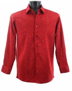 Clearance: Bassiri Red Baroque Tonal Pattern Long Sleeve Camp Shirt Clearance: Bassiri Red Baroque Tonal Pattern Long Sleeve Camp Shirt