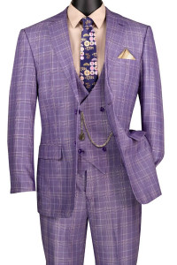 Vinci 2-Button Light Purple Glenplaid Suit with Low-Cut Vest Vinci 2-Button Light Purple Glenplaid Suit with Low-Cut Vest