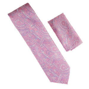 Antonia 100% Silk Tie w/Pocket Square - Lavender Paisley Design on Pink Antonia 100% Silk Tie w/Pocket Square - Lavender Paisley Design on Pink