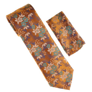 Antonia 100% Silk Tie w/Pocket Square - Jade & Ivory Floral Design on Melon Antonia 100% Silk Tie w/Pocket Square - Jade & Ivory Floral Design on Melon