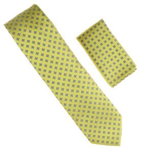Antonia 100% Silk Tie w/Pocket Square - Bright Yellow with Blue Floret Design Antonia 100% Silk Tie w/Pocket Square - Bright Yellow with Blue Floret Design