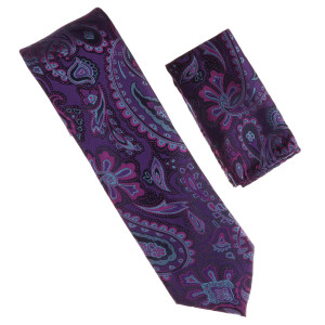 Antonia 100% Silk Tie w/Pocket Square -  Purple Colored X-Large Paisleys  Antonia 100% Silk Tie w/Pocket Square -  Purple Colored X-Large Paisleys