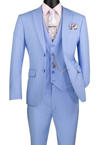 Vinci 2-Button Light Blue Suit with Vest - Slim Fit Vinci 2-Button Light Blue Suit with Vest - Slim Fit