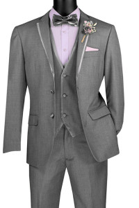 Vinci 2-Button Trimmed Light Grey Suit with Vest - Slim Fit Vinci 2-Button Trimmed Light Grey Suit with Vest - Slim Fit
