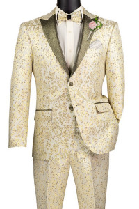 Vinci Champagne Floral Tuxedo with Matching Bow Tie - Slim Fit Vinci Champagne Floral Tuxedo with Matching Bow Tie - Slim Fit