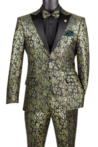 Vinci Emerald & Gold Floral Tuxedo with Matching Bow Tie - Slim Fit Vinci Emerald & Gold Floral Tuxedo with Matching Bow Tie - Slim Fit