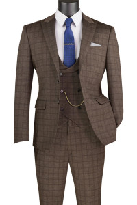 Vinci Brown Windowpane Suit with Low-Cut Vest - Slim Fit Vinci Brown Windowpane Suit with Low-Cut Vest - Slim Fit