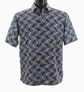 Bassiri Short Sleeve Camp Shirt - Blue & Black Horizontal Zig-Zag Design Bassiri Short Sleeve Camp Shirt - Blue & Black Horizontal Zig-Zag Design