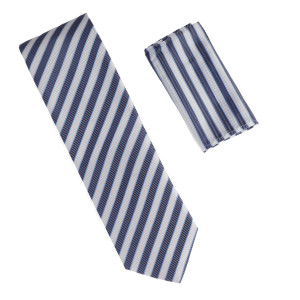 Clearance: Antonia 100% Silk Tie w/Pocket Square - Blue Stripes on White Clearance: Antonia 100% Silk Tie w/Pocket Square - Blue Stripes on White