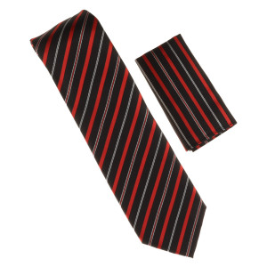 Antonia 100% Silk Tie w/Pocket Square - Black with white & Red Stripe Antonia 100% Silk Tie w/Pocket Square - Black with white & Red Stripe