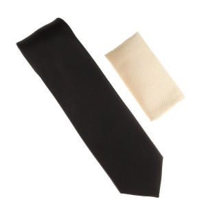 Antonia 100% Silk Black Grid Weave Necktie with Ivory Pocket Square Antonia 100% Silk Black Grid Weave Necktie with Ivory Pocket Square