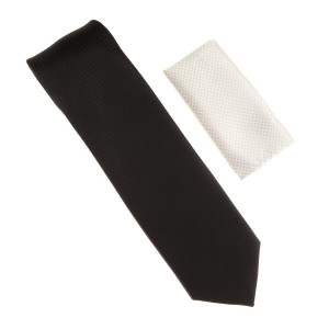 Antonia 100% Silk Black Grid Weave Necktie with White Pocket Square Antonia 100% Silk Black Grid Weave Necktie with White Pocket Square